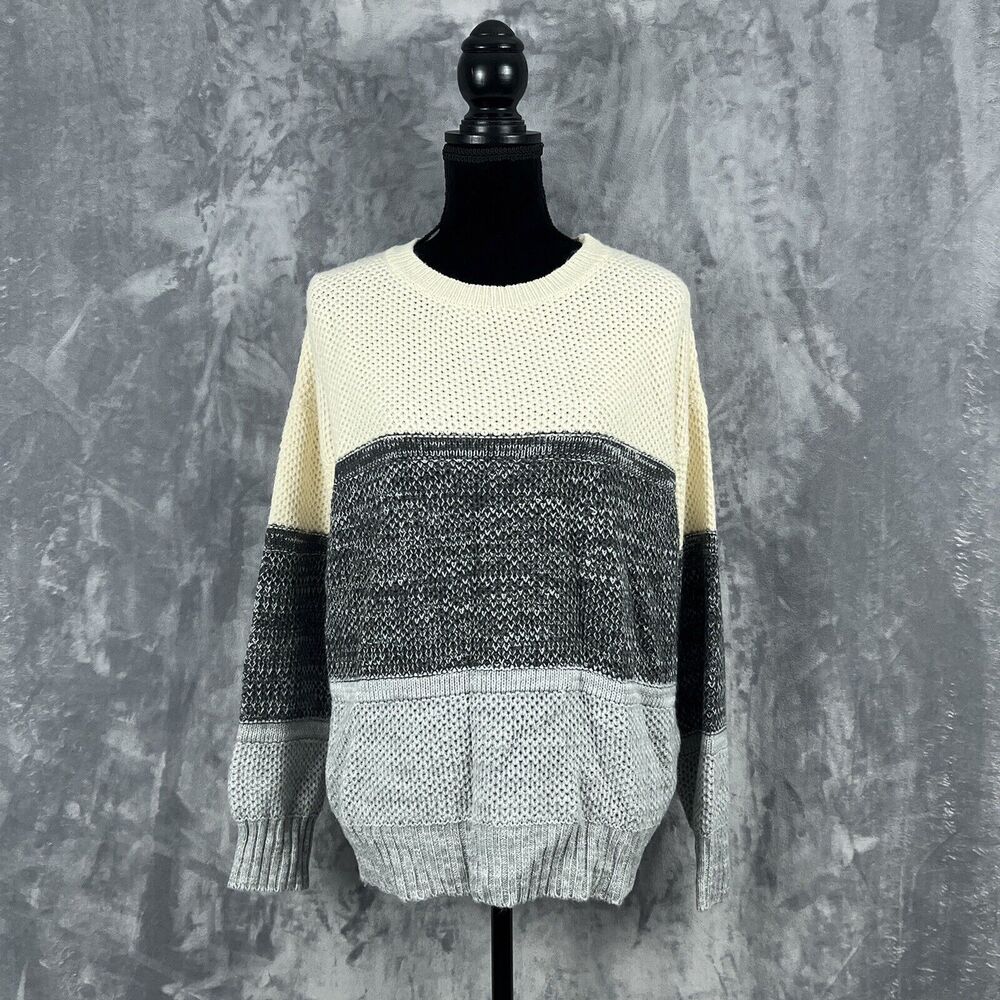 Merokeety Knit Sweater Women's Size Medium Off White Gray Pullover Colorblock